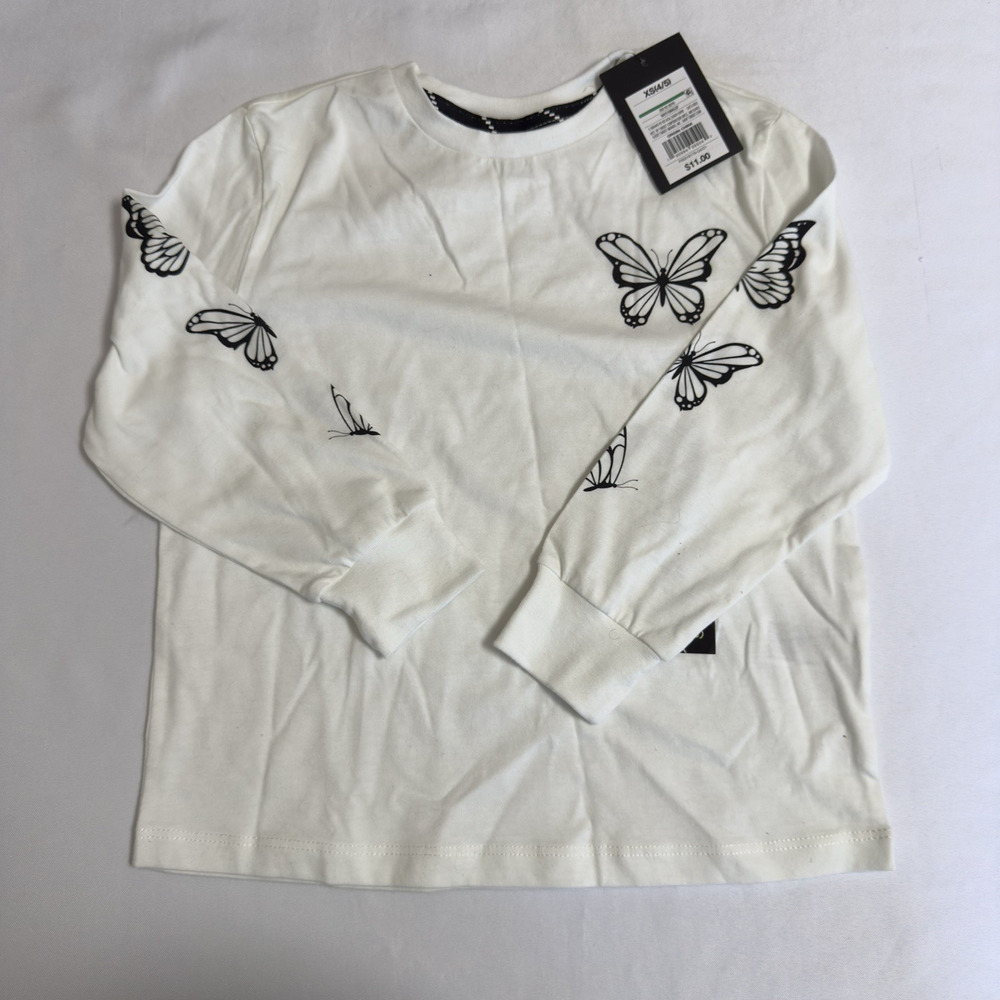 Art Class Butterfly Long Sleeve T-Shirt Girls XS (4/5) White Black